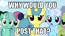 Size: 578x322 | Tagged: safe, edit, screencap, bon bon, daisy, flower wishes, lemon hearts, linky, lyra heartstrings, shoeshine, sweetie drops, g4, animated, crying, eye shimmer, female, image macro, loop, male, meme, why would you post that