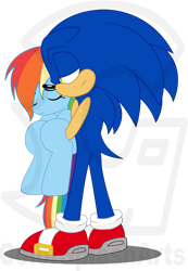 Size: 2035x2946 | Tagged: safe, artist:colorsplasharts, rainbow dash, g4, carrying, crossover, crossover shipping, interspecies, male, shipping, sonic the hedgehog, sonic the hedgehog (series), sonicdash, watermark