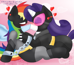 Size: 2392x2128 | Tagged: safe, artist:blackbewhite2k7, rainbow dash, rarity, pegasus, pony, unicorn, g4, batman, batmare, catmare, catwoman, crossover, cuffs, dc comics, duo, female, goggles, hearts and hooves day, kiss on the lips, kissing, lesbian, mare, parody, ship:raridash, shipping, valentine's day
