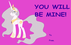 Size: 1606x1024 | Tagged: safe, princess celestia, princess molestia, g4, card, female, solo, text, valentine