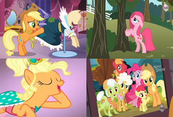 Size: 697x472 | Tagged: safe, screencap, apple bloom, applejack, big macintosh, goldie delicious, granny smith, pinkie pie, earth pony, pony, g4, magical mystery cure, pinkie apple pie, simple ways, alternate hairstyle, apple, apple tree, applejewel, bipedal, bipedal leaning, carousel boutique, clothes, conspiracy theory, dress, eyes closed, female, filly, floppy ears, foal, frown, hub logo, leaning, logo, male, mannequin, mare, measuring tape, open mouth, open smile, photo, pinkamena diane pie, smiling, stallion, the hub, tree