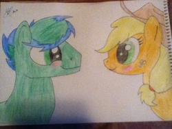 Size: 960x720 | Tagged: safe, artist:rarity'slover, applejack, oc, g4, blushing, canon x oc, cute, green eyes, hat, smiling, traditional art
