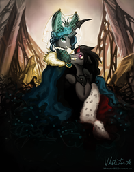 Size: 943x1200 | Tagged: safe, artist:whitestar1802, king sombra, queen chrysalis, changeling, changeling queen, pony, unicorn, g4, broken horn, couple, female, heart, heart eyes, horn, male, ship:chrysombra, shipping, straight, unholy matrimony