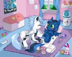 Size: 1107x879 | Tagged: safe, artist:ambunny, oc, oc only, oc:midnight shadows, oc:snow blitz, pegasus, pony, baby bottle, baby powder, baby wipes, changing mat, cute, diaper, diaper change, diaper pail, foal, midblitz, ocbetes, pacifier, rattle, used diaper