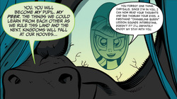 Size: 1040x581 | Tagged: safe, edit, idw, official comic, queen chrysalis, twilight sparkle, g4, the return of queen chrysalis, spoiler:comic, spoiler:comic04, alternate scenario, bloodshot eyes, body sharing, eye, eye reflection, inverted mouth, nostrils, text edit