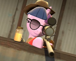 Size: 1280x1024 | Tagged: safe, artist:gergta, twilight sparkle, pony, unicorn, g4, 3d, clipping, crossover, female, glass, glasses, gmod, gun, hat, hooves, horn, jar, jarate, mare, one eye closed, optical sight, pee in container, rifle, scope, sniper, sniper (tf2), sniper rifle, solo, source filmmaker, sunglasses, team fortress 2, twilight sniper, urine, weapon