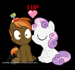 Size: 800x750 | Tagged: safe, artist:yokokinawa, button mash, sweetie belle, earth pony, pony, unicorn, g4, 1up, cheek kiss, colt, duo, female, filly, foal, kissing, male, ship:sweetiemash, shipping, straight