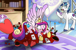 Size: 3000x2000 | Tagged: safe, artist:silfoe, princess cadance, shining armor, g4, candle, chocolate, eating, excited, floppy ears, heart, hearts and hooves day, hoard, looking at you, open mouth, prone, rose, smiling, spread wings, unamused, valentine, wide eyes, wingboner