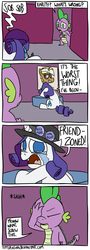 Size: 900x2495 | Tagged: safe, artist:timsplosion, rarity, spike, trenderhoof, pony, unicorn, g4, comic, crying, facepalm, fedora shaming, friendzone, hat, no pupils, trilby