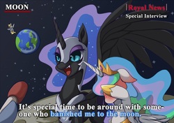 Size: 1200x845 | Tagged: safe, artist:grasspainter, derpy hooves, nightmare moon, princess celestia, alicorn, pegasus, pony, g4, blushing, ear blush, earth, embarrassed, facehoof, female, interview, mare, meme, microphone, moon, space, special feeling, to the moon