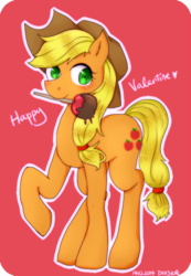 Size: 416x600 | Tagged: safe, artist:divided-s, applejack, g4, apple, caramel apple (food), caramel flavouring, female, food, mouth hold, raised hoof, solo, valentine's day