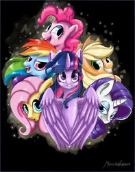 Size: 794x1006 | Tagged: safe, artist:mare--in--the--moon, applejack, fluttershy, pinkie pie, rainbow dash, rarity, twilight sparkle, alicorn, pony, g4, anime like, female, mane six, mare, poster, twilight sparkle (alicorn)