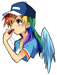 Size: 463x613 | Tagged: safe, artist:re_ghotion, rainbow dash, human, g4, blowing whistle, female, hat, humanized, light skin, rainbow dashs coaching whistle, solo, whistle, winged humanization