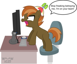Size: 977x818 | Tagged: safe, artist:sasukex125, button mash, earth pony, pony, g4, blank flank, colt, computer, foal, greatest freakout ever, hat, hooves, male, open mouth, propeller hat, rage, simple background, solo, speech bubble, table, transparent background, vector, yelling
