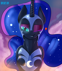 Size: 1687x1917 | Tagged: safe, artist:skyart301, nightmare moon, alicorn, pony, g4, bedroom eyes, female, heart, looking at you, mare, one eye closed, smiling, solo, stupid sexy nightmare moon, wink