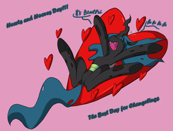 Size: 1500x1142 | Tagged: safe, artist:srmario, queen chrysalis, changeling, g4, eyes closed, female, happy, heart, hearts and hooves day, laughing, sliding, solo, valentine's day