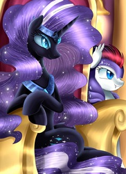 Size: 3550x4885 | Tagged: safe, artist:pridark, nightmare rarity, oc, oc:winter blossom, bat pony, pony, g4, guard