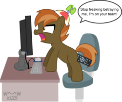 Size: 977x818 | Tagged: safe, artist:sasukex125, edit, button mash, earth pony, pony, g4, anal insertion, blank flank, colt, computer, foal, greatest freakout ever, hat, hooves, insertion, male, open mouth, propeller hat, rage, remote, remote in the ass, shrunken pupils, simple background, solo, speech bubble, table, transparent background, unusual insertion, vector, yelling