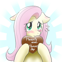 Size: 800x799 | Tagged: safe, artist:orca, fluttershy, g4, blushing, chocolate, female, heart, hearts and hooves day, pixiv, solo