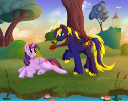 Size: 1036x820 | Tagged: safe, artist:jewlecho, twilight sparkle, oc, oc:zephyr, alicorn, pony, g4, blushing, canon x oc, cattails, duo, female, flower, flower in mouth, male, mare, mouth hold, reeds, river, rose, rose in mouth, straight, stream, twilight sparkle (alicorn), twiphyr, water, waterlily
