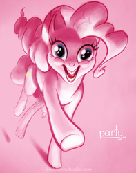 Size: 789x1000 | Tagged: safe, artist:1trick, artist:buckitponydoodles, pinkie pie, earth pony, pony, g4, creepy, female, it's coming right at us, nightmare fuel, pink background, scary, simple background, solo
