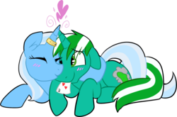 Size: 700x463 | Tagged: safe, artist:deerspit, trixie, oc, oc:pickles, g4, blushing, canon x oc, female, heart, horn, horn ring, horns are touching, male, shipping, straight, trikles