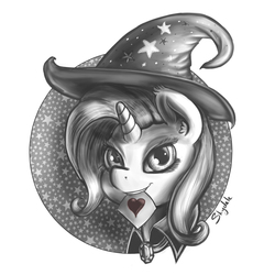 Size: 1280x1280 | Tagged: safe, artist:shydale, trixie, pony, unicorn, g4, female, heart, mare, monochrome, mouth hold, smiling, solo, valentine