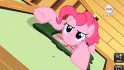 Size: 586x331 | Tagged: safe, screencap, pinkie pie, filli vanilli, g4, cartoon physics, climbing, female, hub logo, in which pinkie pie forgets how to gravity, pinkie being pinkie, pinkie physics, solo, spider pie