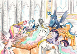 Size: 2312x1627 | Tagged: safe, artist:souleatersaku90, flash sentry, ms. harshwhinny, princess cadance, princess celestia, princess luna, shining armor, thunderlane, twilight sparkle, g4, angry, canterlot castle, commission, magic, table, the simple life, traditional art, watercolor painting
