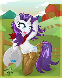 Size: 2400x3000 | Tagged: safe, artist:danmakuman, rarity, pony, g4, alternate hairstyle, bandana, bipedal, boots, chaps, clothes, cowboy hat, cowgirl, female, gaiters, hat, pinup, shoes, shoes only, solo, stetson, tail wrap, thigh boots