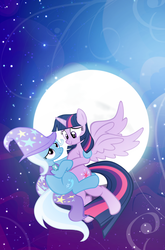 Size: 900x1364 | Tagged: safe, artist:pixelkitties, trixie, twilight sparkle, alicorn, pony, g4, female, flying, hearts and hooves day, lesbian, mare, moon, ship:twixie, shipping, twilight sparkle (alicorn)