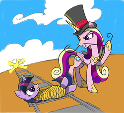 Size: 801x730 | Tagged: safe, artist:digitalpheonix, artist:sovwi, princess cadance, twilight sparkle, alicorn, pony, unicorn, g4, colored, dastardly whiplash, evil, evil grin, female, hat, imminent decapitation, mare, moustache, peril, this will end in death, this will end in tears, this will end in tears and/or death, tied to tracks, tied up, top hat, train, train tracks, unicorn twilight, unsexy bondage