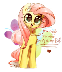 Size: 3840x4436 | Tagged: safe, artist:carligercarl, fluttershy, pony, g4, absurd resolution, blushing, cute, dialogue, female, flower, flower in hair, front view, full face view, heart eyes, holiday, looking at you, mare, open mouth, shyabetes, smiling, solo, standing, valentine's day, wingding eyes