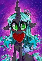Size: 625x902 | Tagged: dead source, safe, artist:kaliptro, queen chrysalis, g4, cute, cutealis, female, heart, mouth hold, solo, valentine's day