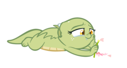 Size: 807x434 | Tagged: safe, artist:queencold, oc, oc only, oc:jade (queencold), dragon, baby dragon, crying, dragoness, flower, petals, simple background, solo, tears of joy, transparent background