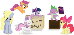 Size: 5000x2388 | Tagged: safe, artist:joemasterpencil, apple bloom, derpy hooves, scootaloo, spike, sweetie belle, twilight sparkle, alicorn, pony, g4, bits, book, box, coin, crate, cutie mark crusaders, female, mare, pony in a box, simple background, twilight sparkle (alicorn), vector, white background