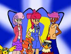 Size: 680x512 | Tagged: safe, artist:klonoahedgehog, apple bloom, scootaloo, sweetie belle, human, g4, crossover, dark skin, digimon, humanized, light skin, moderate dark skin