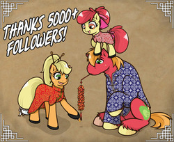 Size: 500x408 | Tagged: safe, artist:redhotkick, apple bloom, applejack, big macintosh, earth pony, pony, g4, cheongsam, clothes, fireworks, hatless, male, missing accessory, stallion, year of the horse