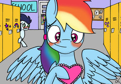 Size: 1024x714 | Tagged: safe, artist:lrusu, rainbow dash, soarin', g4, blushing, female, male, ship:soarindash, shipping, straight