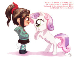 Size: 600x468 | Tagged: dead source, safe, artist:nattherat, sweetie belle, pony, unicorn, g4, commission, crossover, oversized head, rearing, vanellope von schweetz, wreck-it ralph