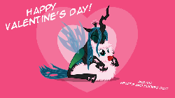 Size: 854x480 | Tagged: safe, artist:mixermike622, queen chrysalis, oc, oc:fluffle puff, g4, animated, chewing, duo, duo female, female, happy valentines day, heart, lesbian, mare, ship:chrysipuff, shipping, valentine