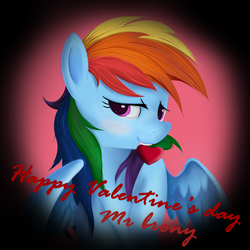 Size: 1417x1417 | Tagged: safe, artist:bqlongsn, rainbow dash, pegasus, pony, g4, blushing, bronybait, bust, cute, dashabetes, female, heart, holiday, mare, mouth hold, solo, spread wings, valentine, valentine's day, wings