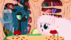 Size: 576x324 | Tagged: safe, artist:mixermike622, queen chrysalis, oc, oc:fluffle puff, g4, animated, candle, eye shimmer, flower, taco