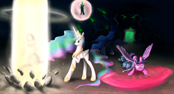 Size: 2500x1348 | Tagged: safe, artist:fox-moonglow, princess celestia, princess luna, queen chrysalis, trixie, twilight sparkle, alicorn, changeling, pony, g4, female, fight, force field, magic, mare, twilight sparkle (alicorn)