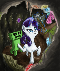 Size: 2015x2406 | Tagged: safe, artist:impcjcaesar, rarity, g4, cave, creeper, crossover, gem, levitation, magic, minecraft, mining, this will end in tears
