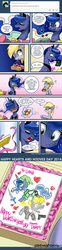 Size: 600x2402 | Tagged: safe, artist:johnjoseco, derpy hooves, princess luna, pegasus, pony, ask gaming princess luna, gamer luna, 3ds, bravely default, chocolate, clothes, comic, costume, drawing, female, hearts and hooves day, leon s. kennedy, link, mare, resident evil, the legend of zelda, tumblr