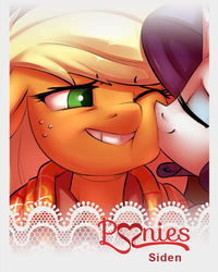 Size: 640x800 | Tagged: safe, artist:siden, applejack, rarity, anthro, p<3nies, g4, duo, female, kissing, lesbian, ship:rarijack, shipping