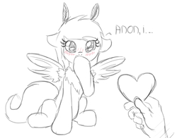 Size: 691x543 | Tagged: safe, oc, oc only, human, mothpony, original species, covering, floppy ears, hand, heart, moth pony general, sitting, spread wings, valentine
