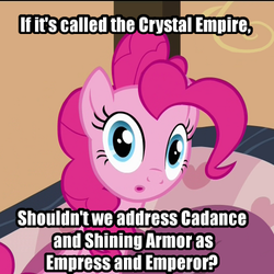 Size: 500x500 | Tagged: safe, pinkie pie, princess cadance, shining armor, g4, crystal empire, exploitable meme, female, image macro, meme, solo, sudden clarity pinkie pie