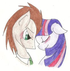 Size: 888x899 | Tagged: safe, artist:invadersorhatena, doctor whooves, time turner, twilight sparkle, g4, blushing, doctwi, female, male, shipping, straight, traditional art